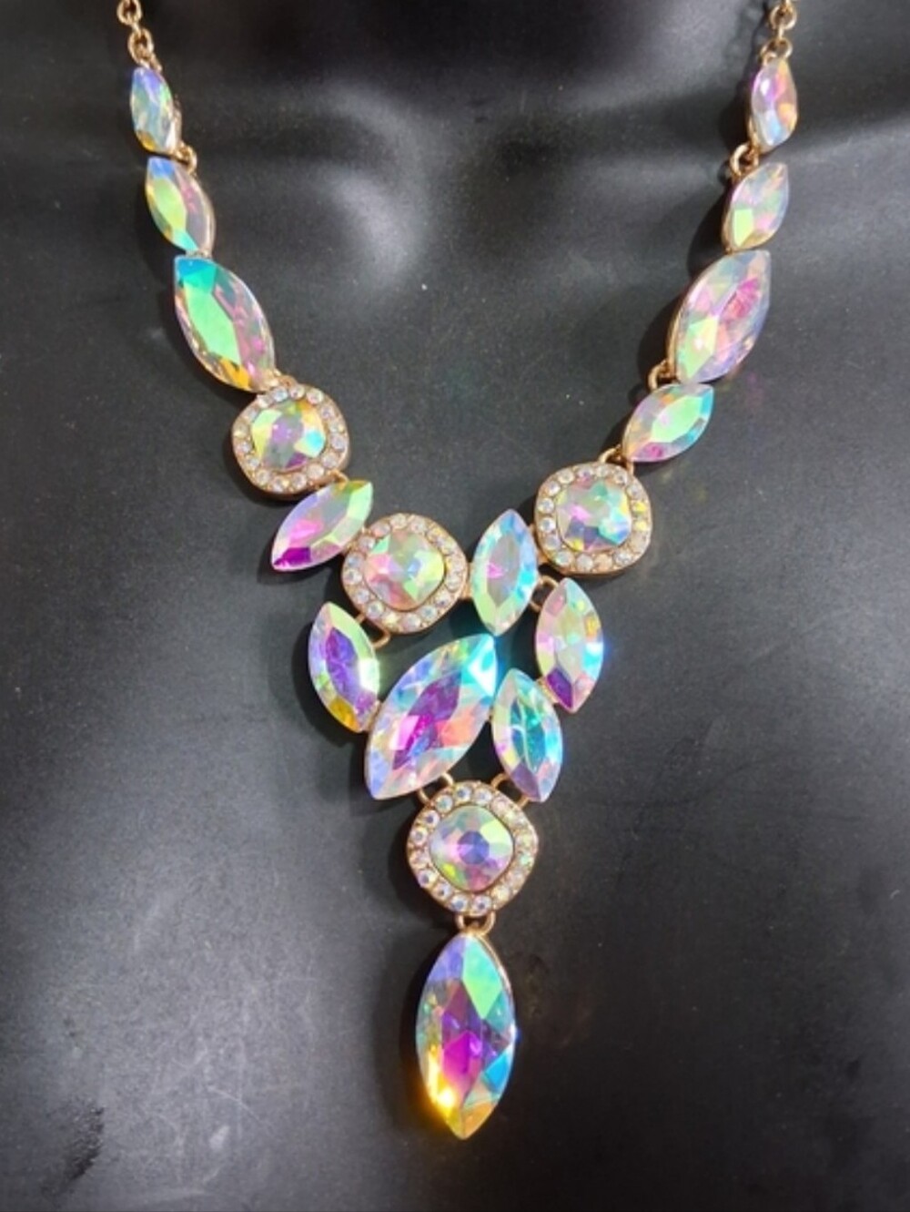 Aurora Borealis Iridescent Crystal Statement Necklace Gold Prom Pageant Wedding